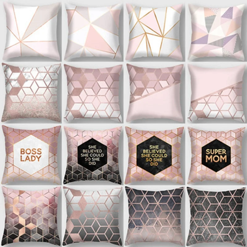 

Pink Geometric Cushion Cover Soft Velvet Pillowcase Decor Pillow Case Geometric Sofa Car Throw Pillow Home Decor Lumbar Cushion