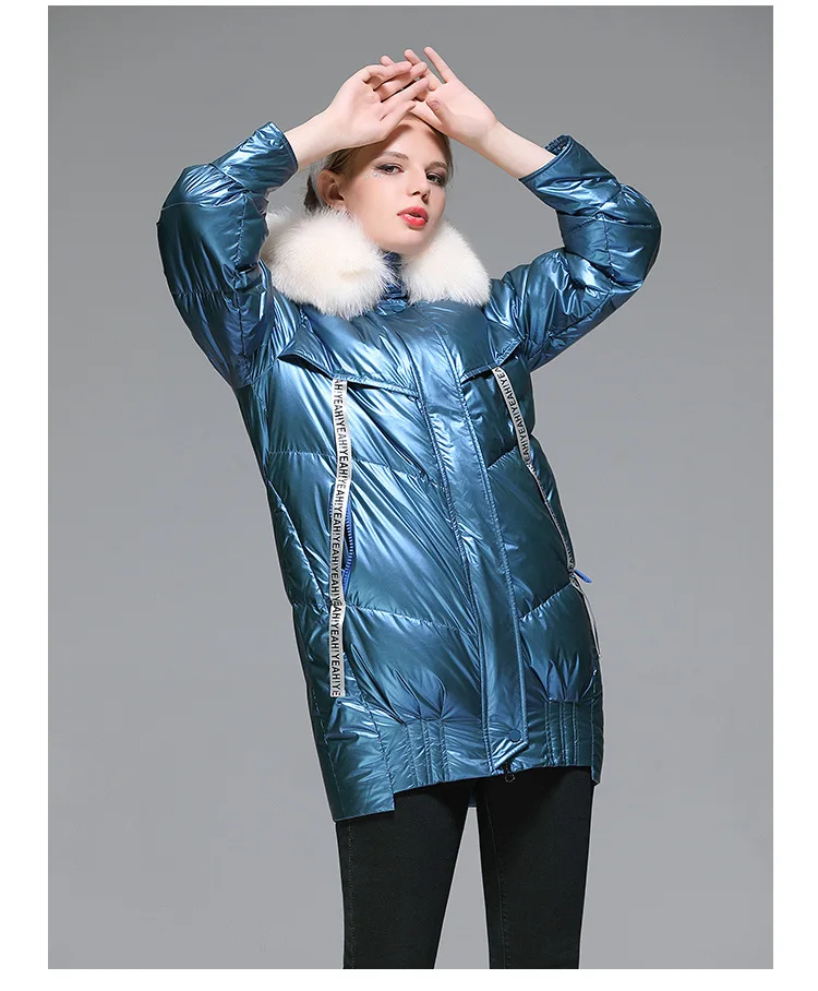 

2020 new winter fox fur collar coat 90 white duck down jacket hooded green coats shiny thick down jackets short overcoat outwear