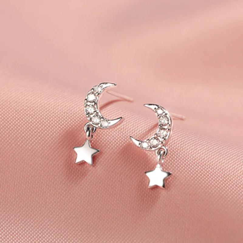 

925 Sterling Silver Star Moon Stud Earrings 2021 New Trendy Sweet Ins Trendy Zircon Super Flash Light Luxury Jewelry Wholesale