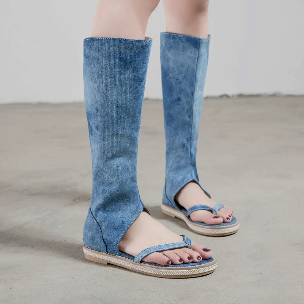 Босоножки женские на плоской платформе сандалии гладиаторы из денима