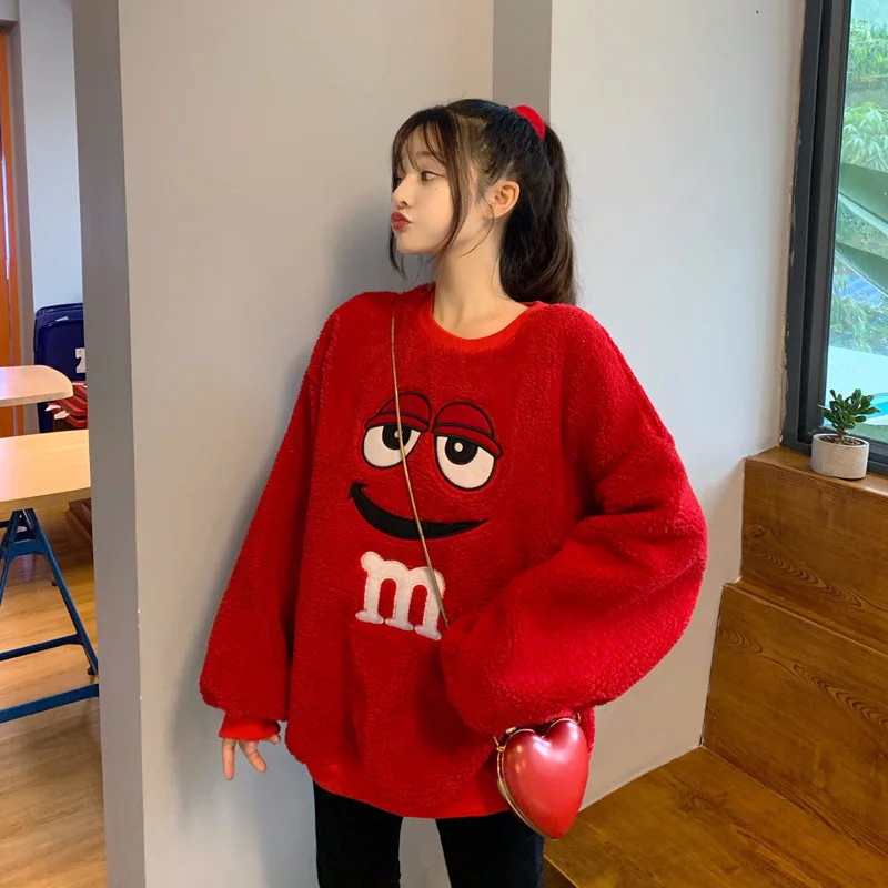 [EWQ] Autumn New Thickening Keep Warm Pullovers Knit Tops Full Sleeve Plus Size Smile Lamb Fur Winter Lady Sweatshirt QL556