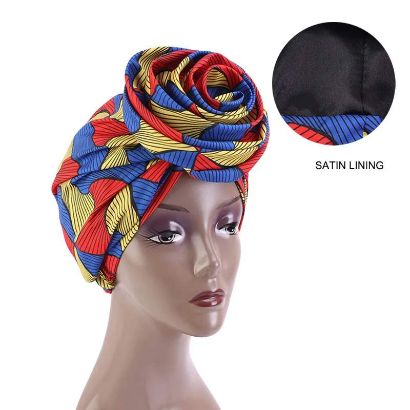 

50PC/LOT African Print Stretch Bandana Head Wrap Long Scarf satin Floral Ankara Dashiki Women Party Turban Headwear Cap