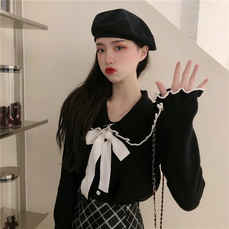 

Vintage Sweet Bow Tie Knitted Sweater Women Fashion Doll Collar Single Breasted Long Sleeve Stretchy Female Sweaters Chic Tops