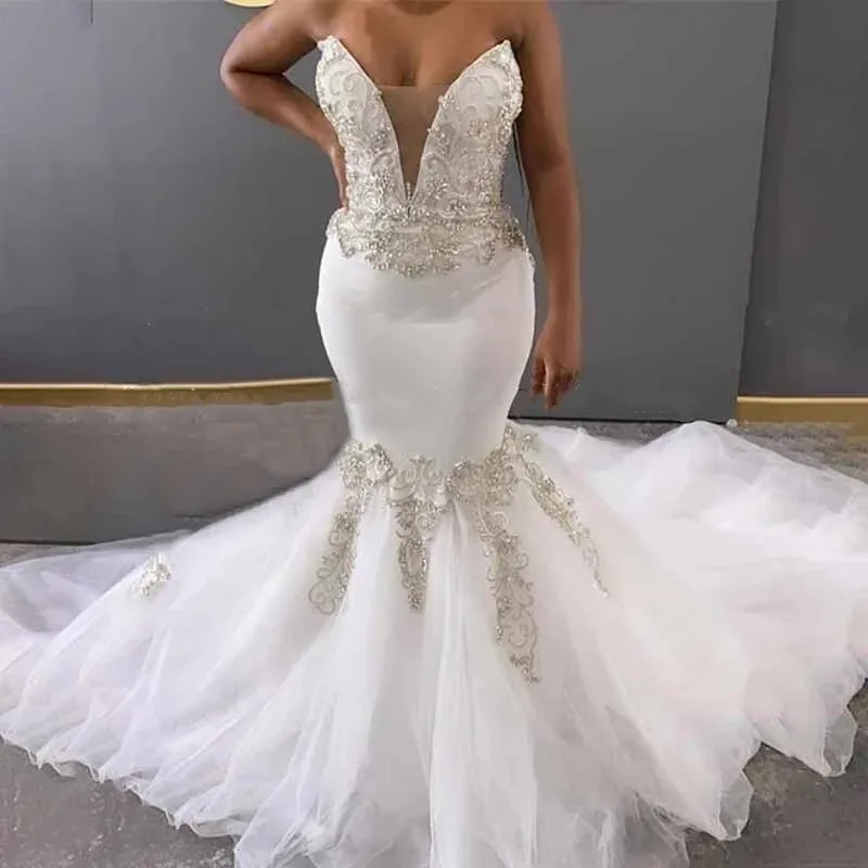 

Женское свадебное платье с кристаллами, белое платье со шлейфом в стиле часовни «русалка» и вырезом сердечком, свадебное платье, 2021