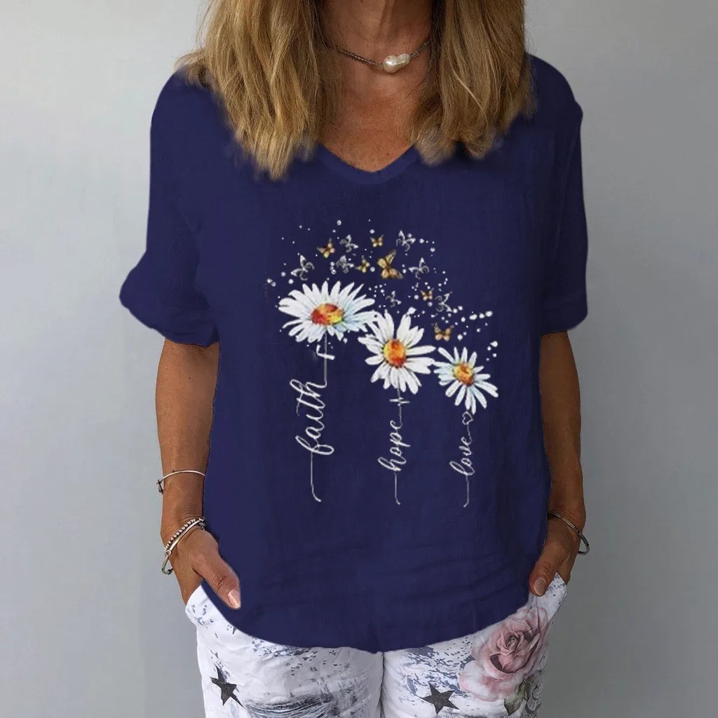 

2021 Elegant Women Shirt Cotton And Linen Summer Casual Short Sleeve V-neck Shirt Pullover Plus Size Daisy Print Female Blusa #S