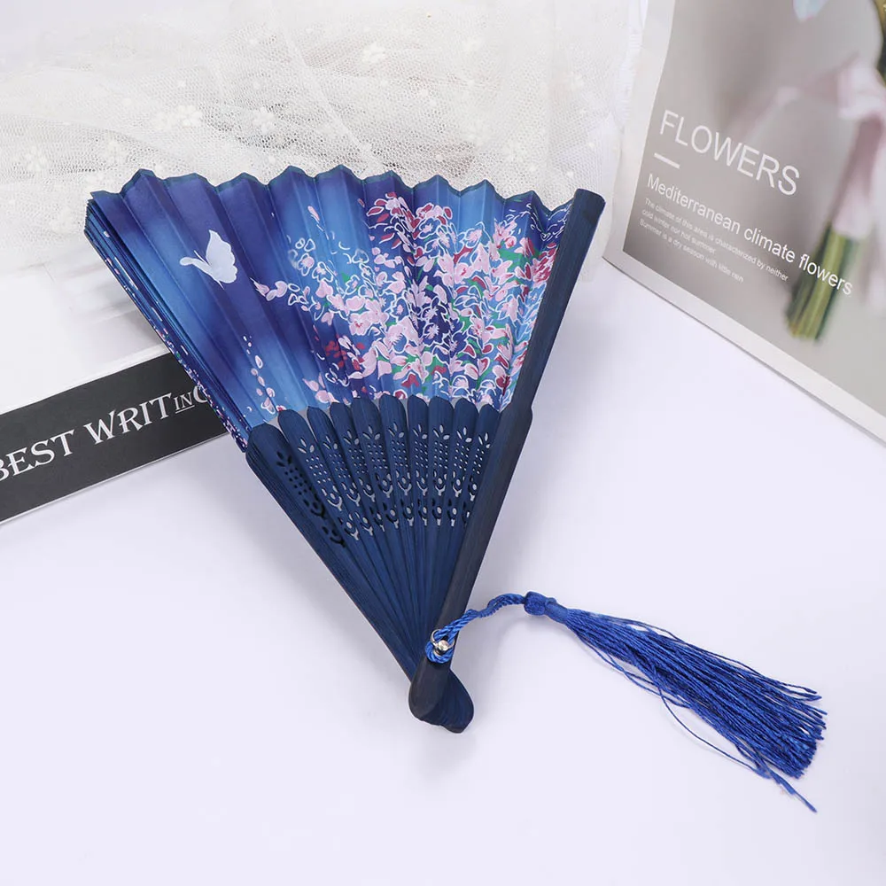 Женский веер в японском стиле Шелковый с бабочкой и цветком для танцев складной