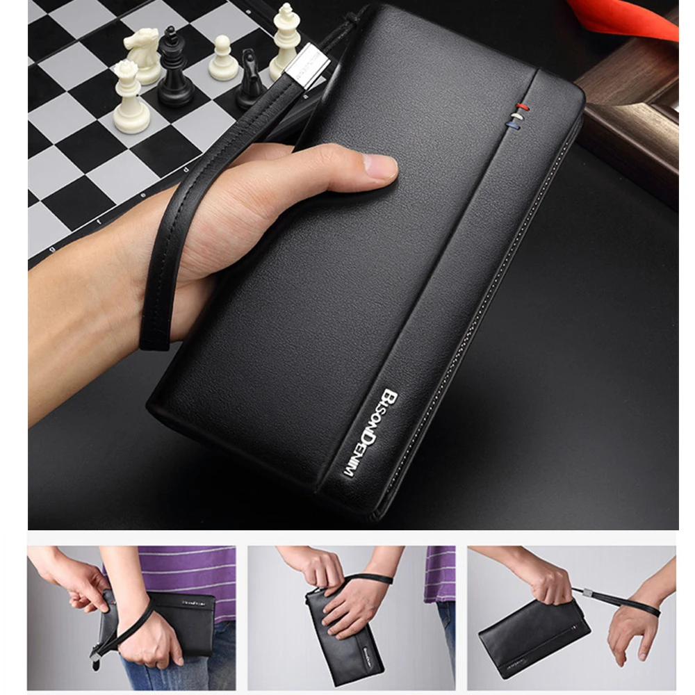 Мужской кошелек BISON DENIM черный длинный деловой клатч из натуральной кожи 2019 |