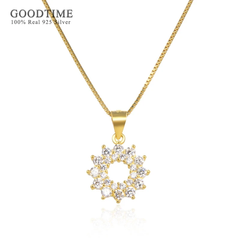 

Luxury Women Necklace Pure 925 Sterling Silver Round Sun Zircon Pendant Rhinestone Necklace Gold Color Chain Jewelry For Party