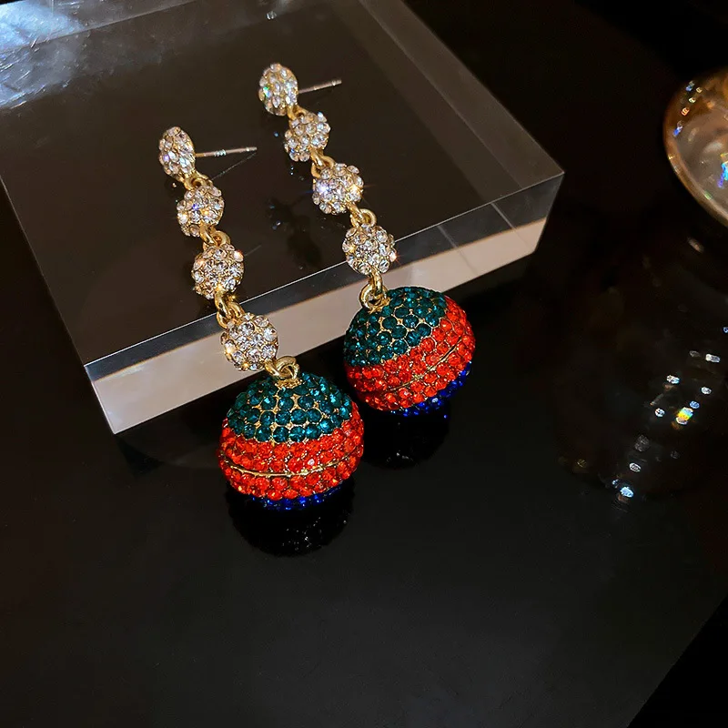 

Minar Personality Stripes Glitter Ball Dangle Earrings for Women Femme Sparkly Rhinestone Long Drop Earrings Party Jewelry Gifts