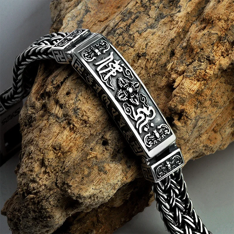 Тяжелый 925 пробы Серебряный Тибетский мантра браслеты для мужчин плетеные шесть