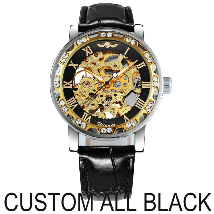 ALL BLACK Модные часы со скелетом, бриллиантовые часы для женщин, дизайн Iced Out, ремешок из натуральной кожи, элегантные роскошные механические Женские часы - Цвет: ALL BLACK