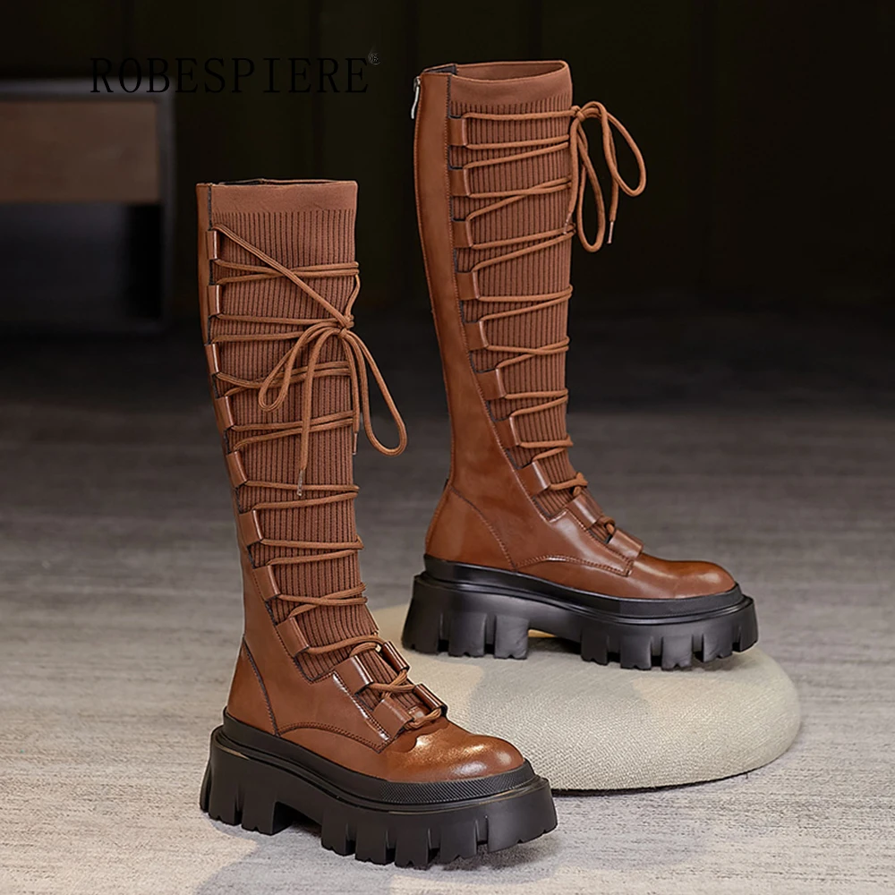 

Сапоги ROBESPIERE из первого слоя воловьей кожи на высоком каблуке, сапоги на шнуровке с высокой вязкой, женская модель с круглым носком