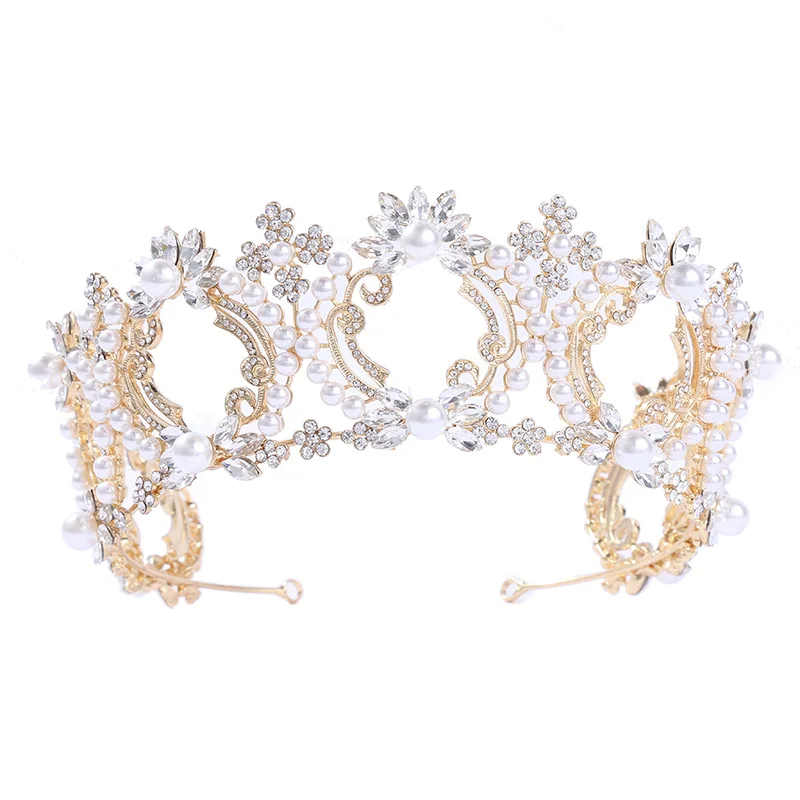 

New Pearl Big Crown Bride Wedding Headdress Crown Full Circle Hollow round Crown