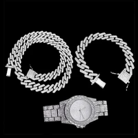 hiphop iced out miami zircon cuban link chain prong pave necklace watch for women jewelry for women men set african jewelry