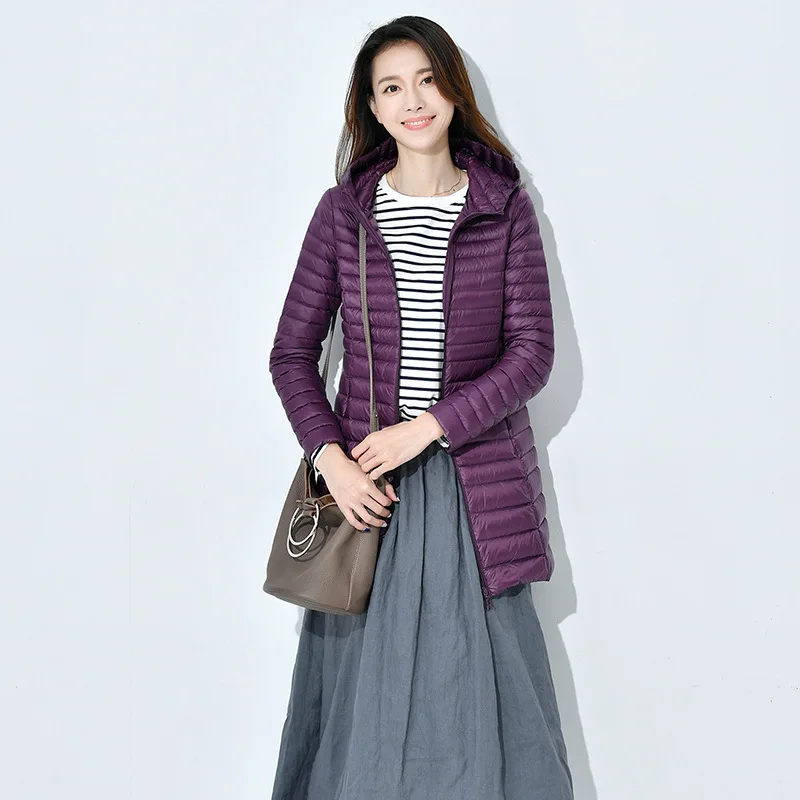 Тонкий легкий Длинные куртки женские 90 белая утка вниз высокое качество пальто