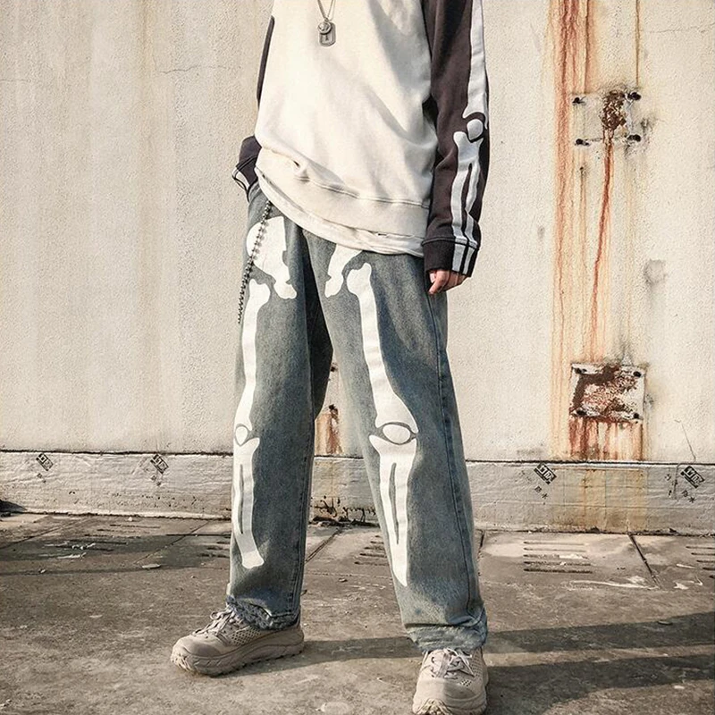 Men Skeleton Oversized Black Jeans Pants 2021 Fashion Denim Mens Streetwear Hip Hop Harem Pants High Waist Denim Pants Overalls
