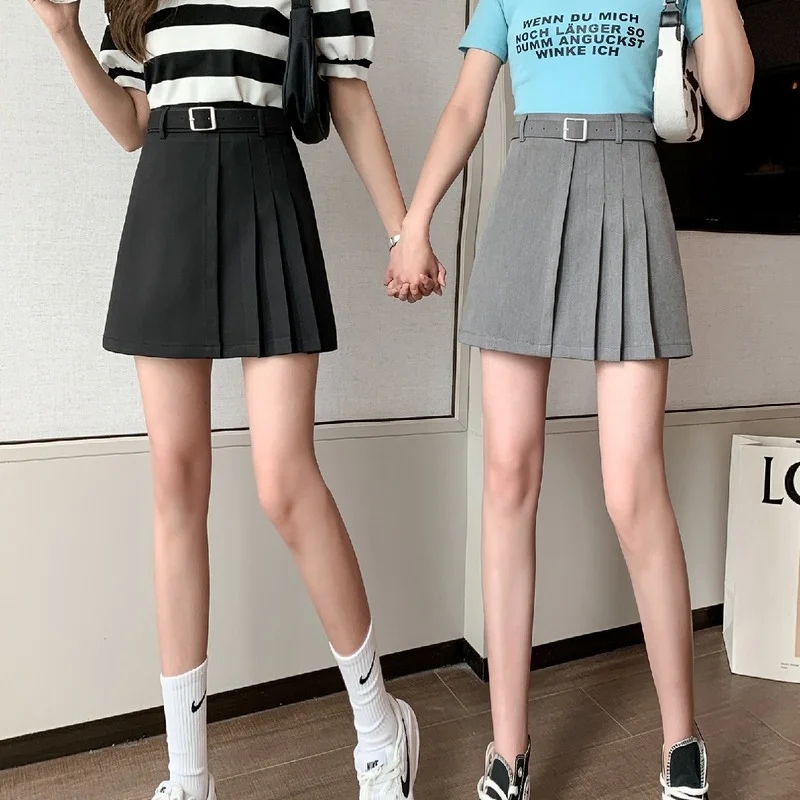

A-line High Street Sexy Female Mini Short Skirt College Women 2021 Spring Summer Sashes High Waist Fashion Gray Pleated Skirts