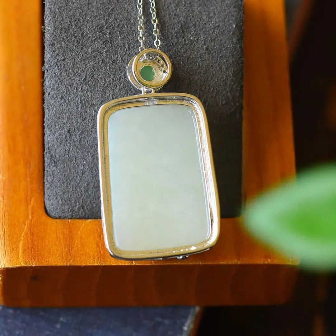 

Natural Hetian Jade Lucky Pendant Pendant Female Jade Safety-Blessing Card Square Plate Pendant Jade Necklace Female Sterling Si