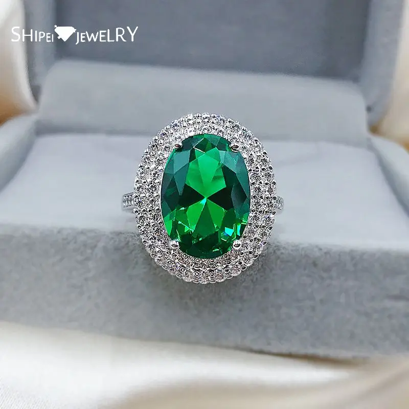 

Shipei Luxury 100% 925 Sterling Silver Oval Cut Emerald Gemstone Created Moissanite Wedding Engagement Women Rings Fine Jewelry