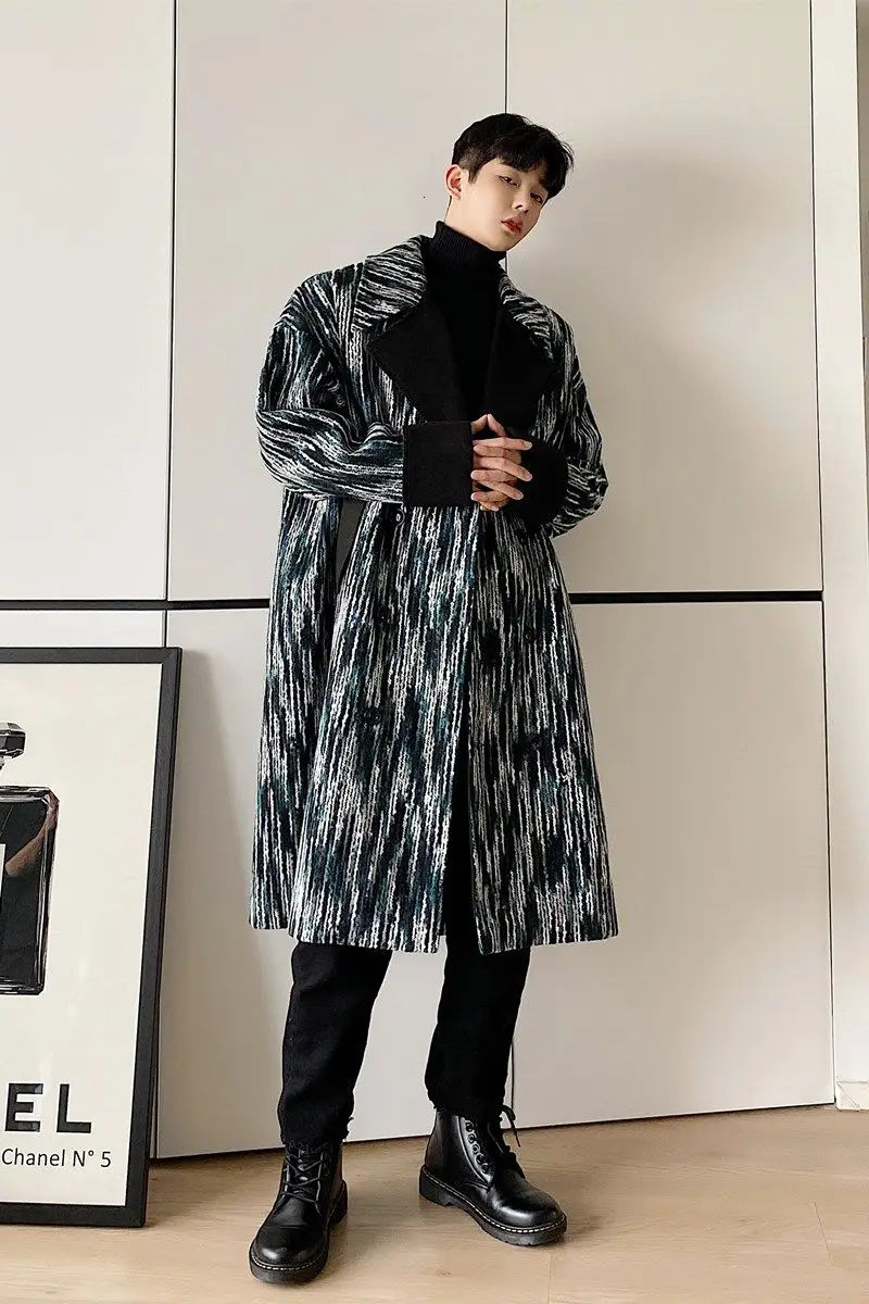 

IEFB Korean fashion long coat for men tree pattern woolen overcoat men's color block lapel long sleeeve big size clothes 9Y4407