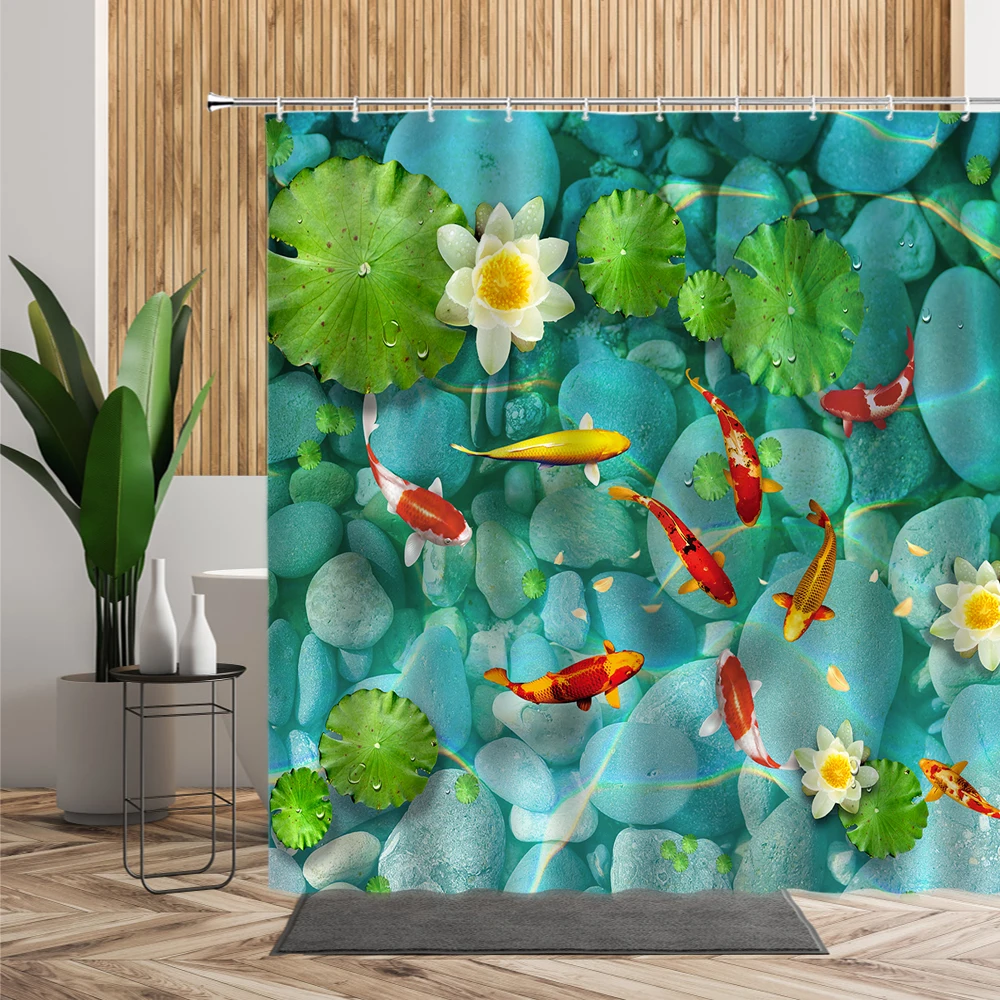 

3D Zen Garden Shower Curtain White Lotus Floral Leaf Round Stone Fish Bath Home Decor Spa Hanging Cloth Exotic Bathroom Curtains