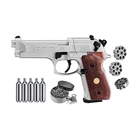 Пистолет, пневматический пистолет Beretta M92FS с резервуарами CO2 5x12 и комплектом свинцовых гранул 500 карат (никельдерево + Mag + аксессуары), настенный жестяной знак