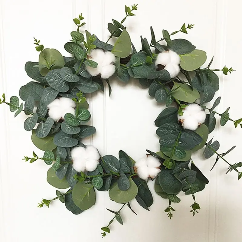 

Artificial Eucalyptus cotton Flowers Wreath Spring Wreath Outdoor for front Door Wall Window Party Wedding Dcor