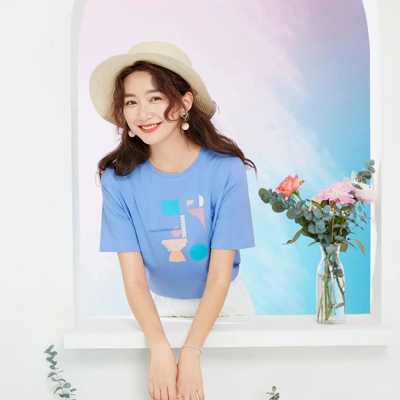 

Fresh and sweet Geometric patternT-shirt 2020 summer new loose Korean round neck Pullover cotton printed short sleeve T-shirt