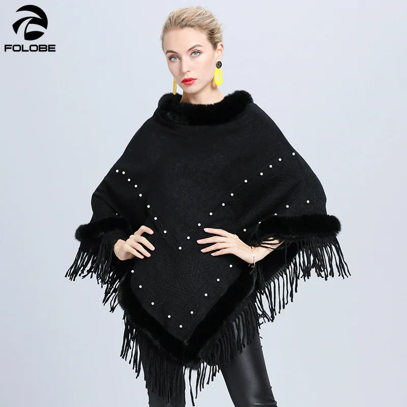 

Winter Faux Fur Pink Cape Women Long Pearls Tassel Poncho Cape Knit Pullover Cloak Coat On Shoulders Capas capas y ponchos damas