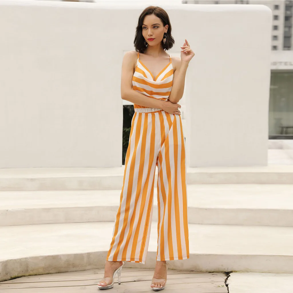 Женский комбинезон модный желтый в полоску с принтом темпераментный открытыми