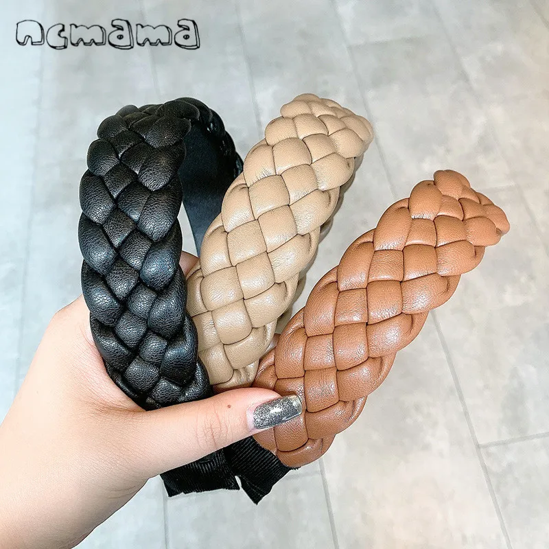 

ncmama Women Wide Side Braid Headband New Fashion PU Hairband Multi-layer Woven Turban Headwear Vintage Hair Accessories