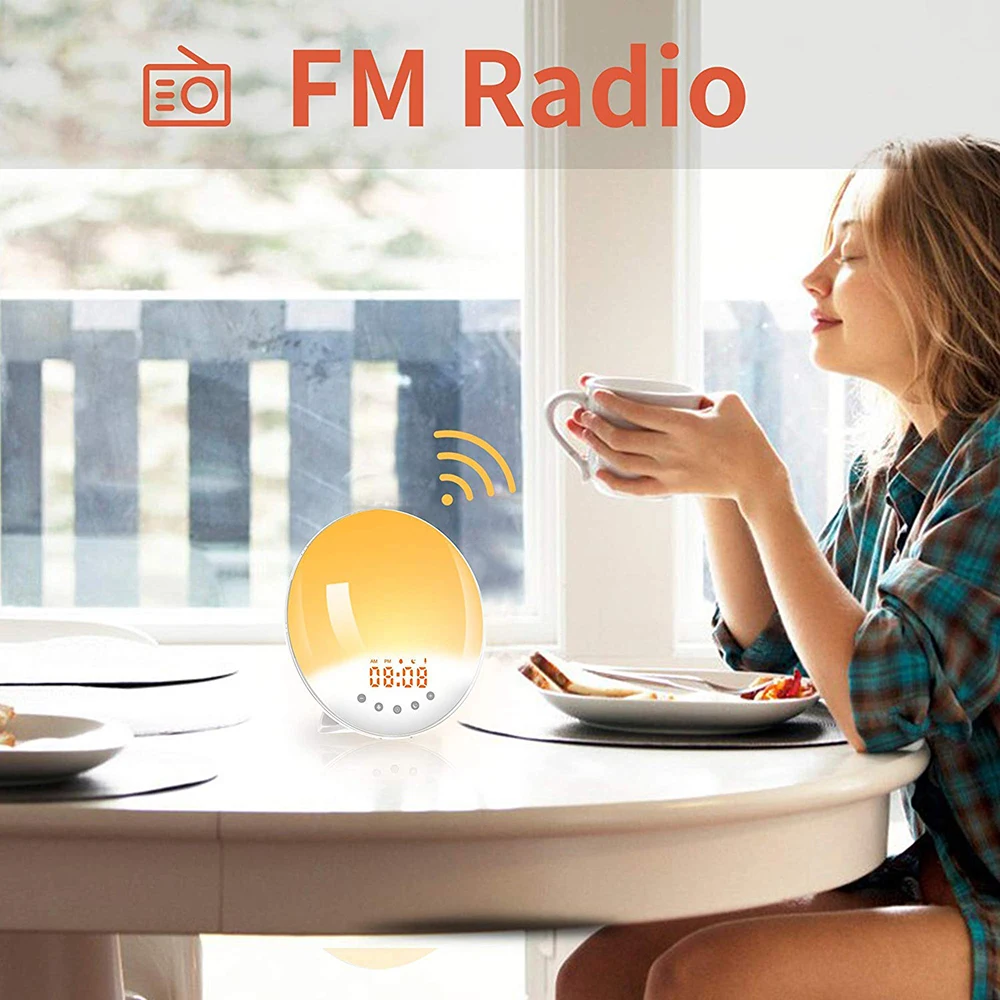 

Intelligent Sunrise Wake-Up LED Light Alarm Clock Setting Sun Help Sleep Colorful Atmosphere Lights Sleepy Wake-Up Lamp FM Radio