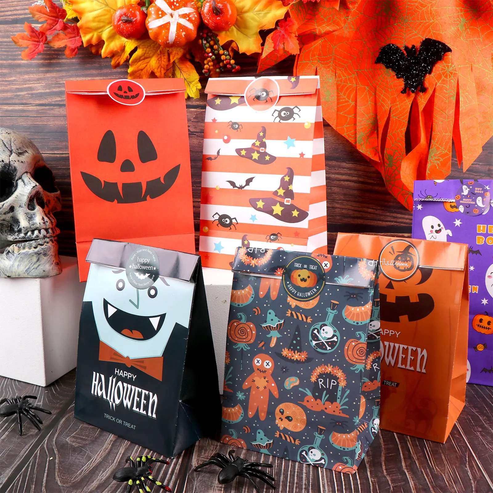 

12Pcs Halloween Pumpkin Spooky Bat Party Party Gift Candy Kraft Paper Bag Paper Food Bags