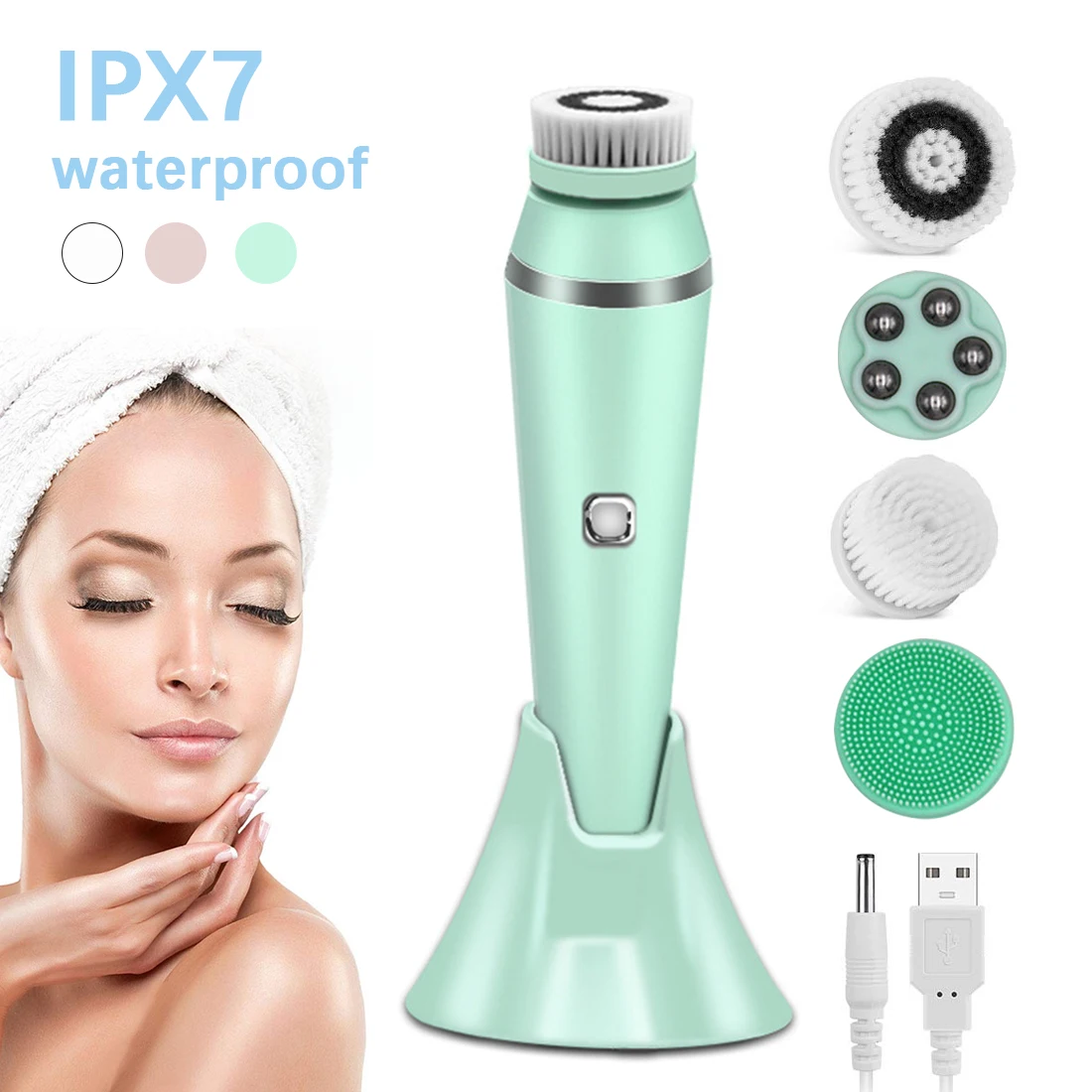 

4 in 1 Facial Cleansing Brush Waterproof Sonic Electric Facial Massager USB Rechargeable Face Care Scrubber Blackhead Remover