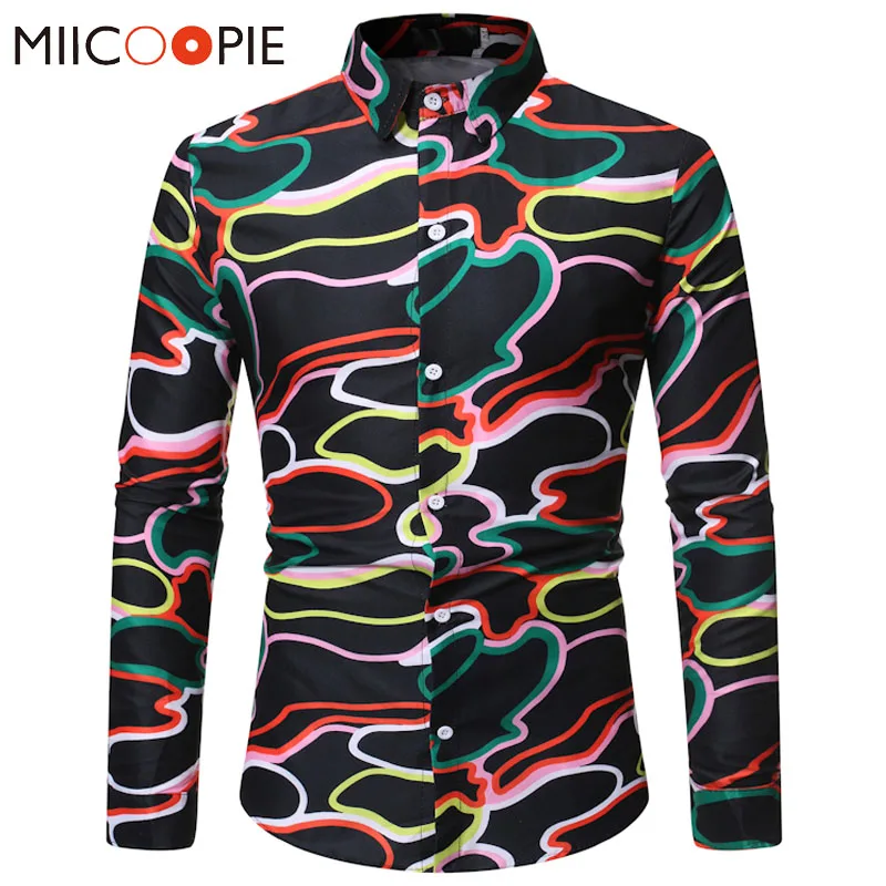 Мужская гавайская рубашка черная приталенная в разноцветную полоску с длинными