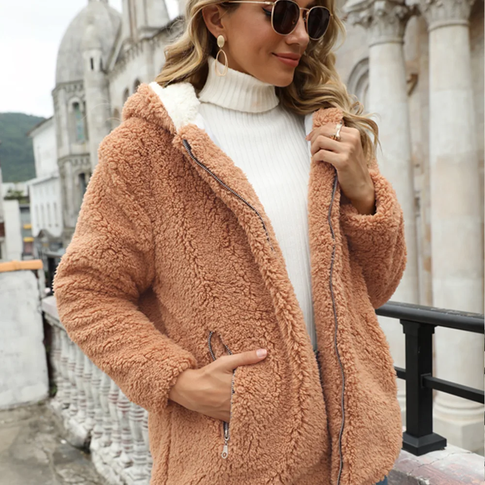 

Donsignet Women Jacket Imitation Fur Plush Contrast Color Plush Hooded Coat Autumn Winter Cotton-padded Clothes Outerwear Coats