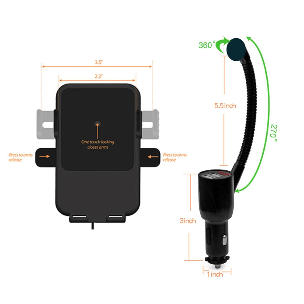E8 3 в 1 двойной USB прикуриватель держатель телефона автомобильное крепление 10 Вт Qi Быстрое беспроводное зарядное устройство 3.1A порты со встроенным зарядным шнуром