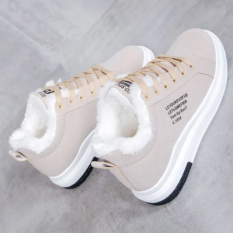 Beige Зимняя обувь из хлопка новые женские ботинки из pu искусственной кожи теплая бархатная обувь женские зимние ботинки на шнуровке на толстой подошве женская обувь - Цвет: Beige