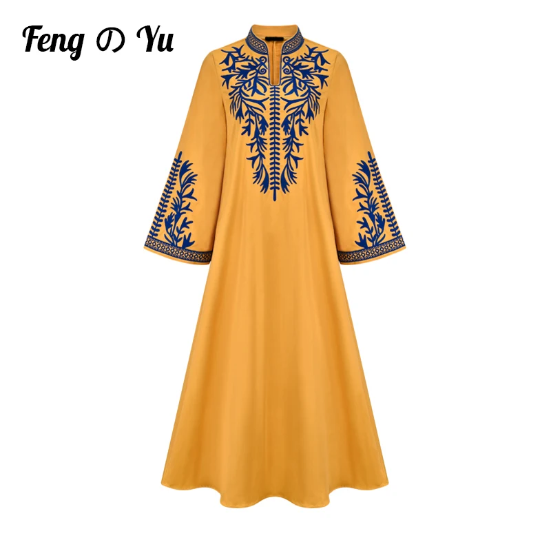 

Eid Mubarak Muslim Turkey India Long Sleeve Arab Dubai Arab Morocco Kaftan Islamic Party Golden Stand Collar Embroidered Robe