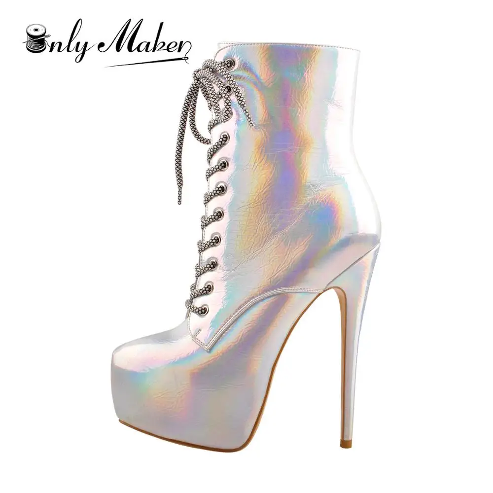 

Onlymaker Women's Platform Lace Up Holographic Ankle Bootie Round Toe Magic Color Stiletto Heel Ankle Boots Big Size US15 EU46