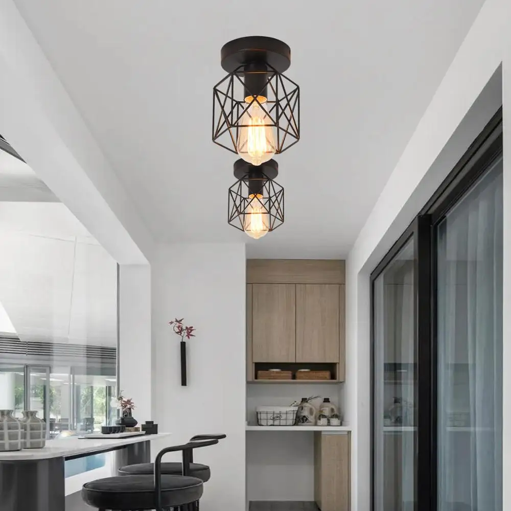 Semi Flush Mount Ceiling Light E26 E27 Retro Black Industrial Ceiling Light Fixture for Porch Hallway Kitchen Farmhouse Lighting