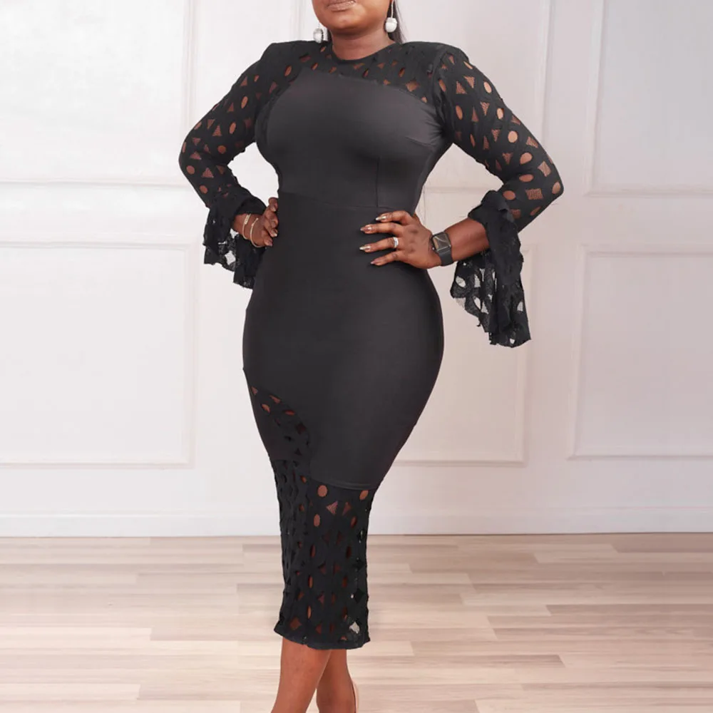 

Black Bodycon Dresses Hollow Out Women Sexy Fashion Flare Sleeve Elegant Party Night Club African Female Midi Dress 2022 Spring
