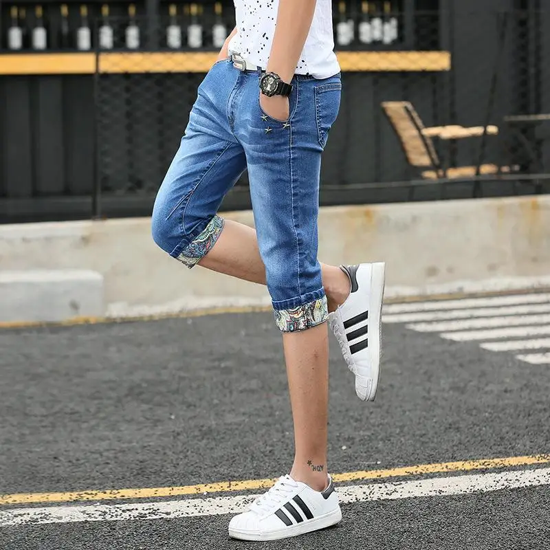 

Men's Slim Stretch Jeans 2019 Summer Men's Trend Fashion Loose Ripped Printed Calf Length Straight Pants Plus Size