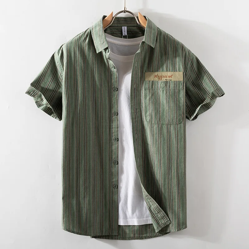 

D9836 Summer Vertical Striped Shirts Short Sleeve Casual Cotton Classic Retro Sport Youth Fresh Chic Square Collar Pocket Tops
