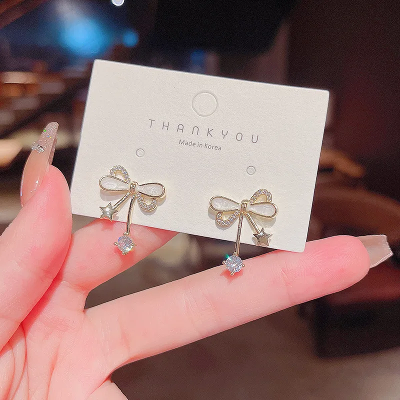 

S925 Silvers Needle Korean New Simple Bow Dangle Earrings Women's Diamonds Inlaid Shiny Design Metal Wholesale Jewellery