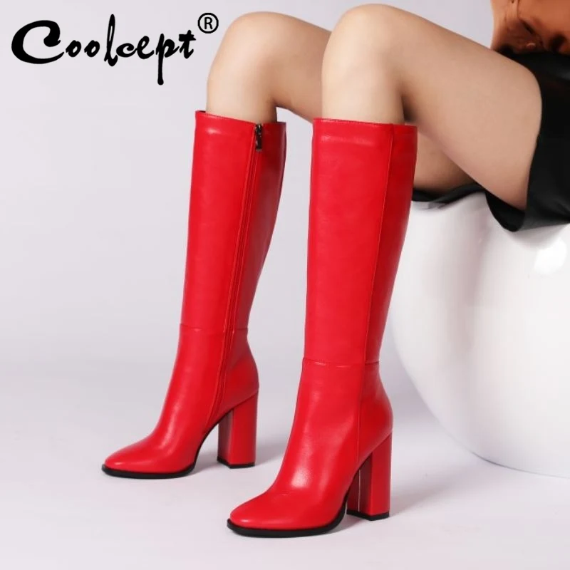 

Coolcept Women High Heel Long Boots Zipper Thick Heel Women Knee High Boots Fashion Sexy Winter Shoes Woman Footwear Size 34-43