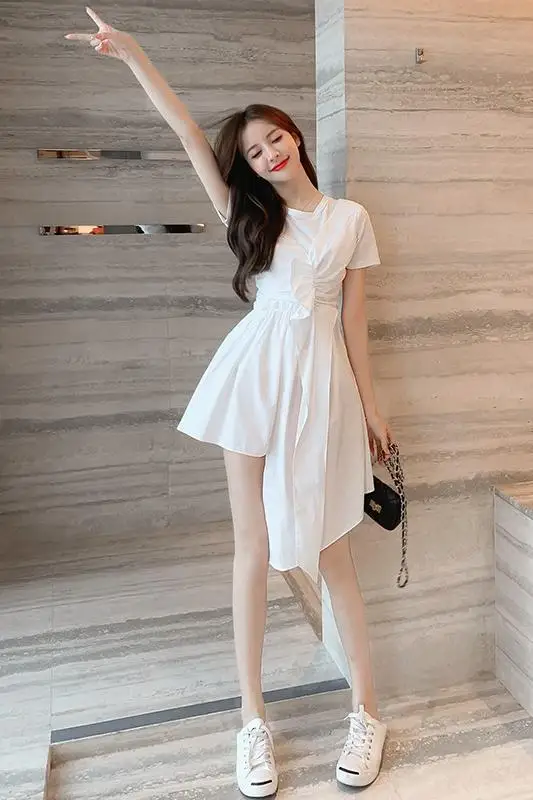 

COIGARSAM Ruffles Women dress Patchwork Short Sleeve O-Neck Dresses Black White 20039A