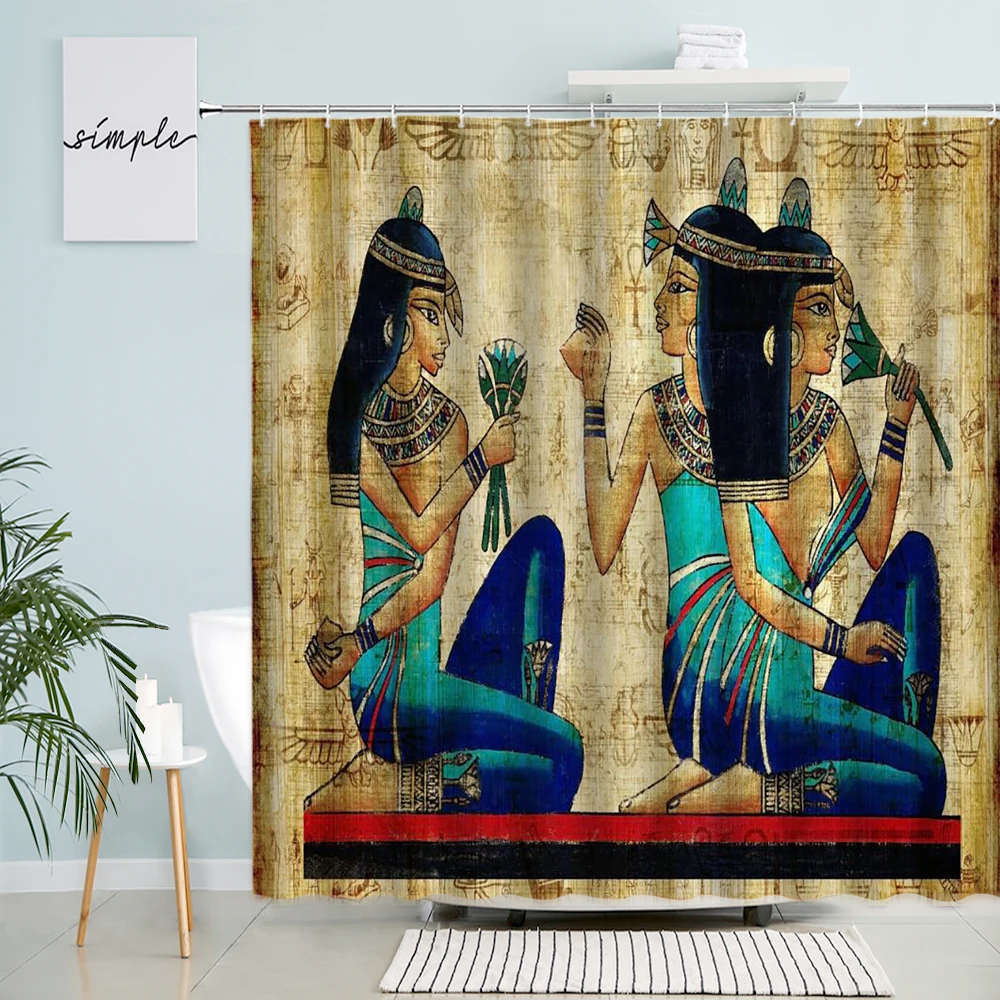 

Retro Egyptian Mural Shower Curtain Set Ancient Egypt Tradition Pattern Modern Fashion Polyester Cloth Bathroom Decor with Hooks