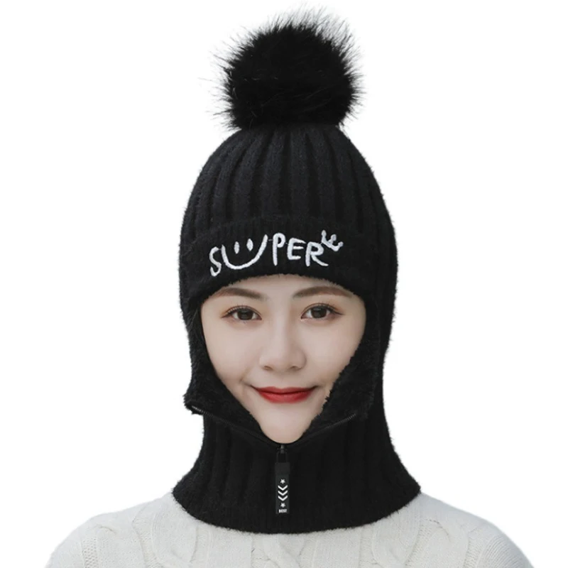 Женская Вязаная Шерстяная Шапка на молнии теплая зимняя шапка в Корейском стиле