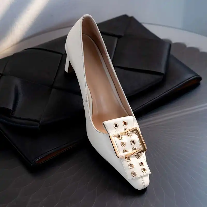 

Krazing pot new genuine leather small square toe high heels retro fashion beauty lady streetwear slip on shallow women pumps L62